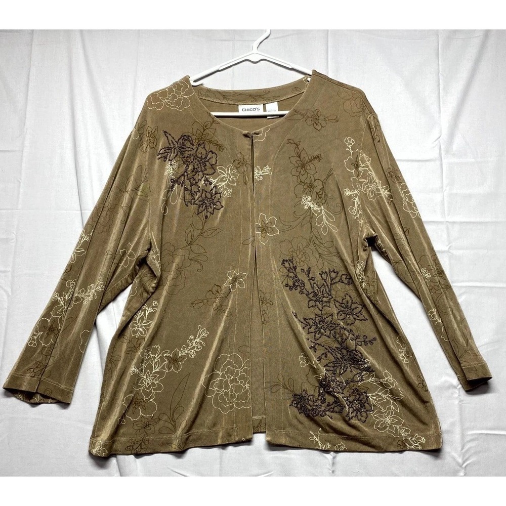 Chico's Travelers Cardigan Sweater Womens 3 Brown Floral Stretch Knit Outdoor
